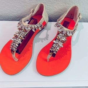 Jeweled Flat Sandals Gold with Fluorescent Orange Sole Sz 38 (7.5/8)